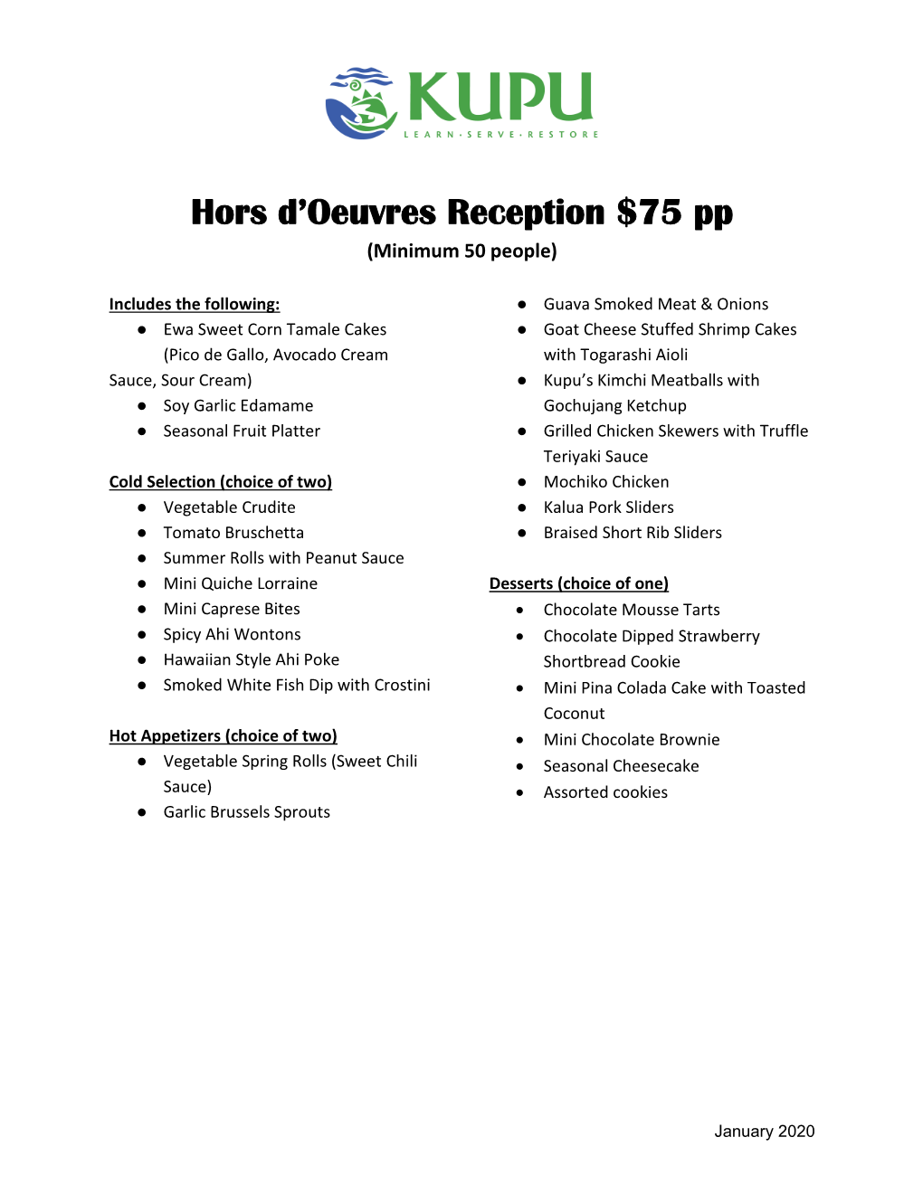 Hors D'oeuvres Reception $75 Pp