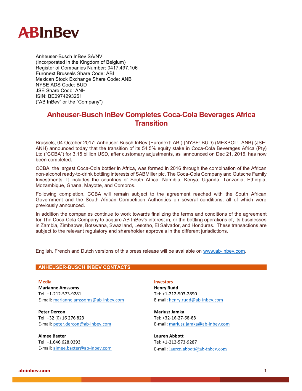 Anheuser-Busch Inbev Completes Coca-Cola Beverages Africa Transition