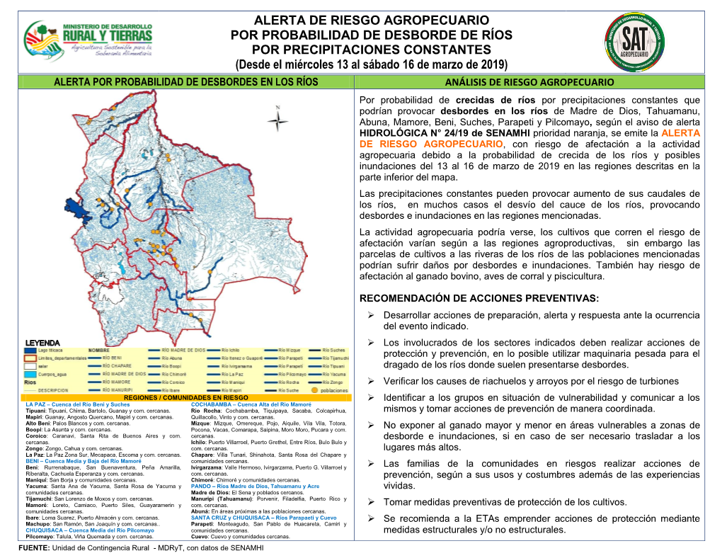 ALERTA DE RIESGO AGROPECUARIO POR PROBABILIDAD DE DESBORDE DE RÍOS POR PRECIPITACIONES CONSTANTES (Desde El Miércoles 13 Al Sábado 16 De Marzo De 2019)