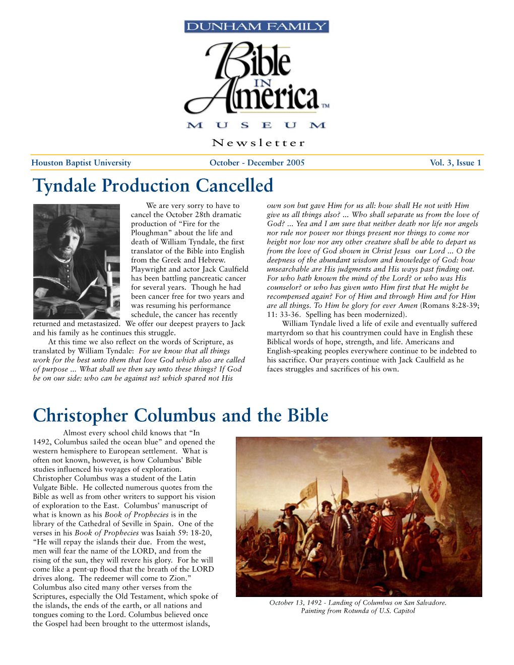 Christopher Columbus and the Bible Tyndale Production Cancelled