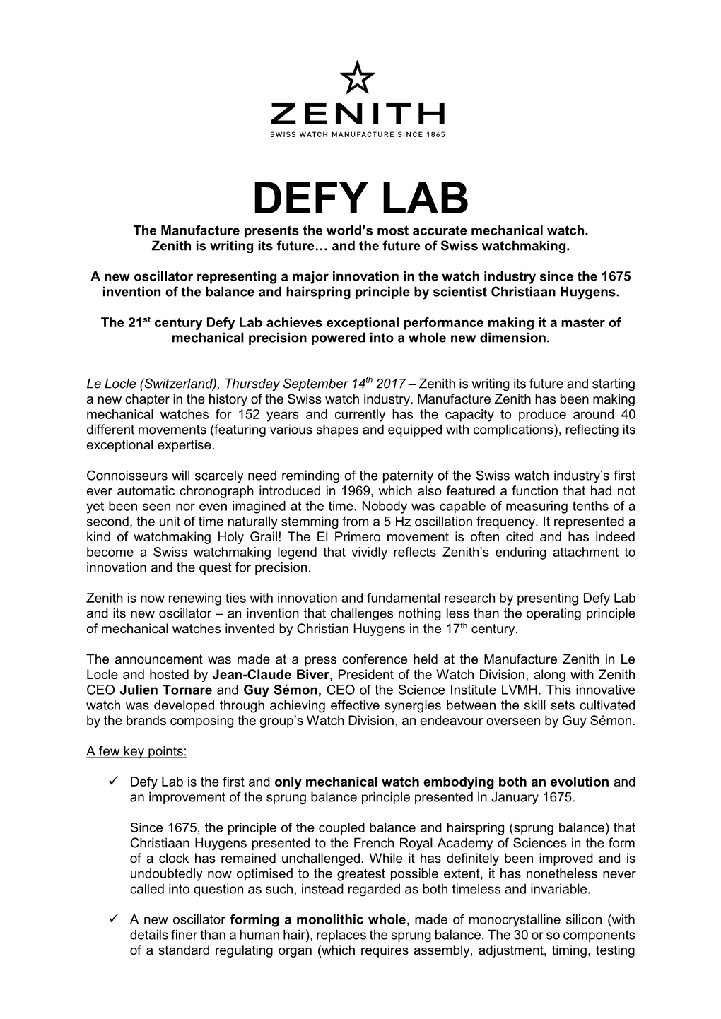 DEFY LAB the Manufacture Presents the World’S Most Accurate Mechanical Watch