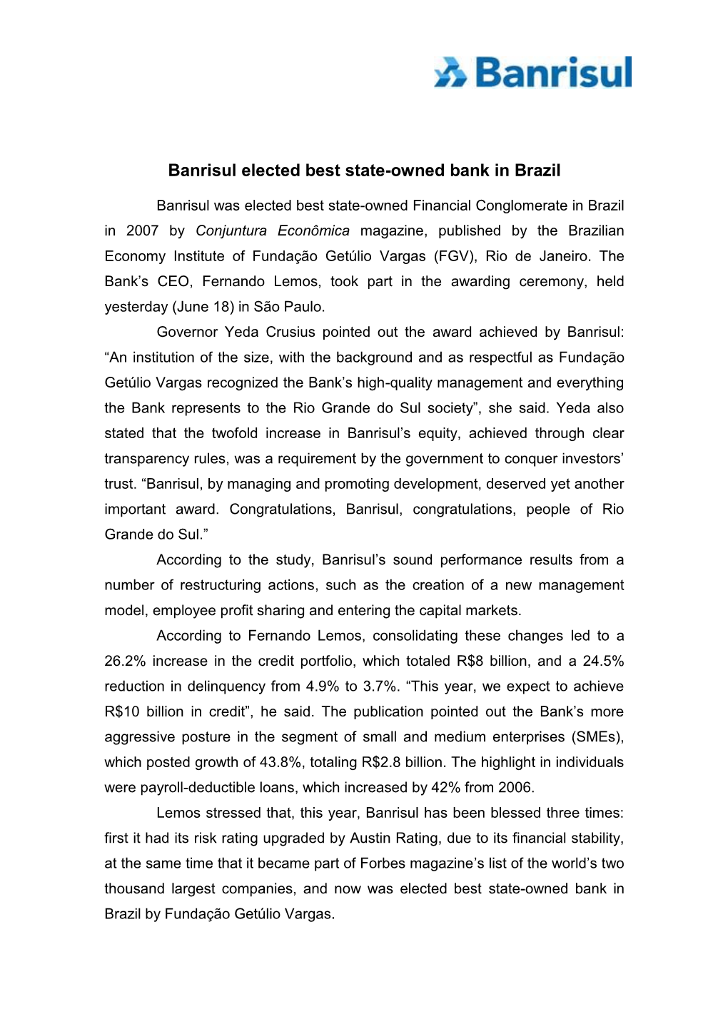 Banrisul Elected Best State-Owned Bank in Brazil