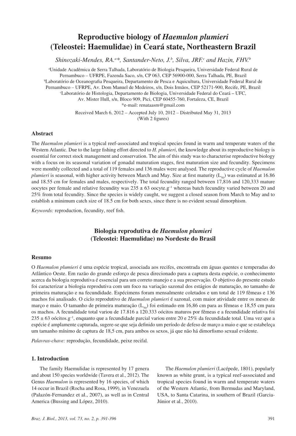 Reproductive Biology of Haemulon Plumieri (Teleostei: Haemulidae)