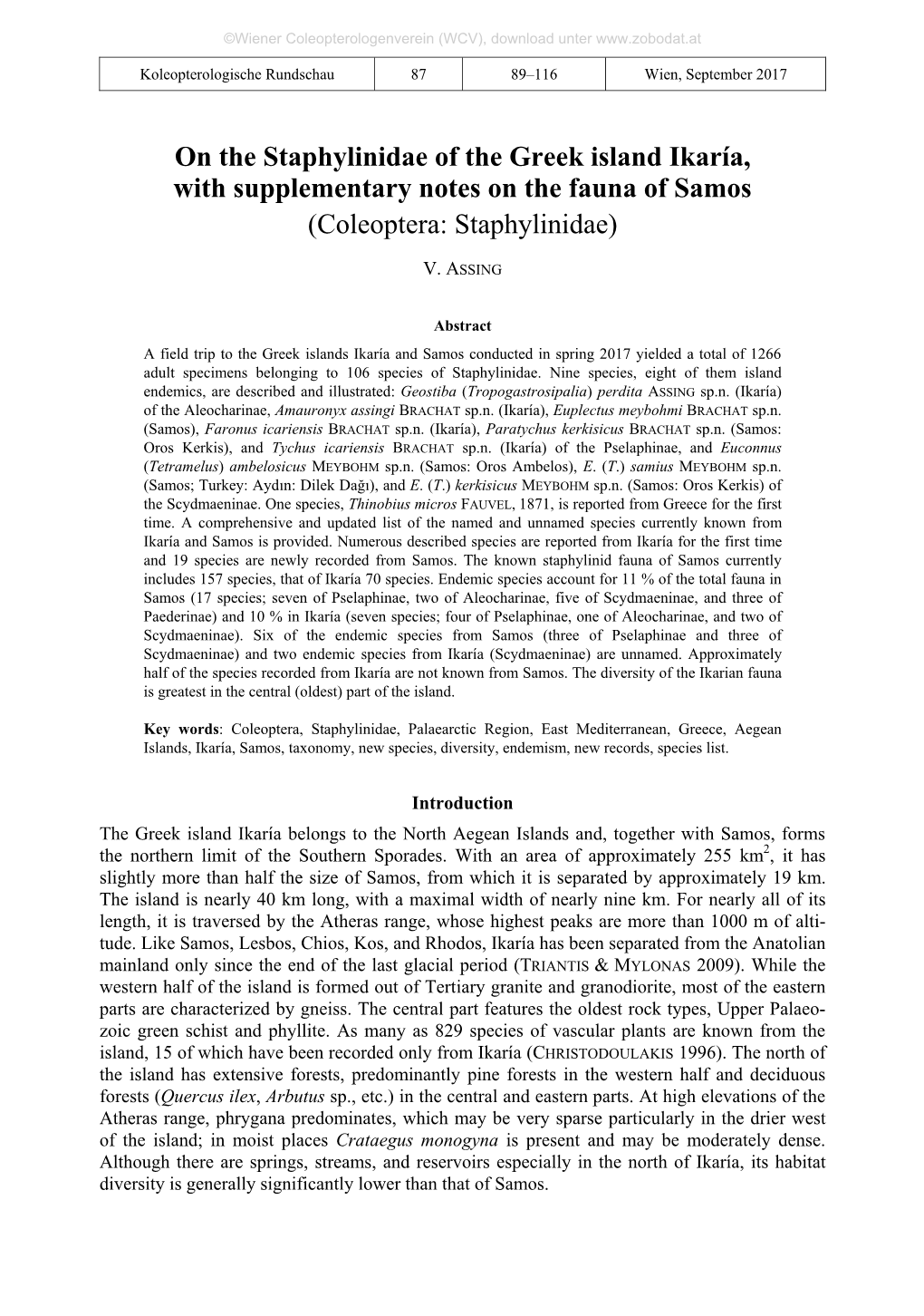 On the Staphylinidae of the Greek Island Ikaría, with Supplementary