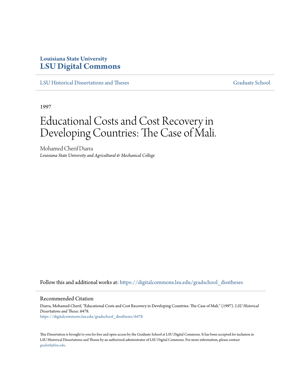 Educational Costs and Cost Recovery in Developing Countries: the Ac Se of Mali