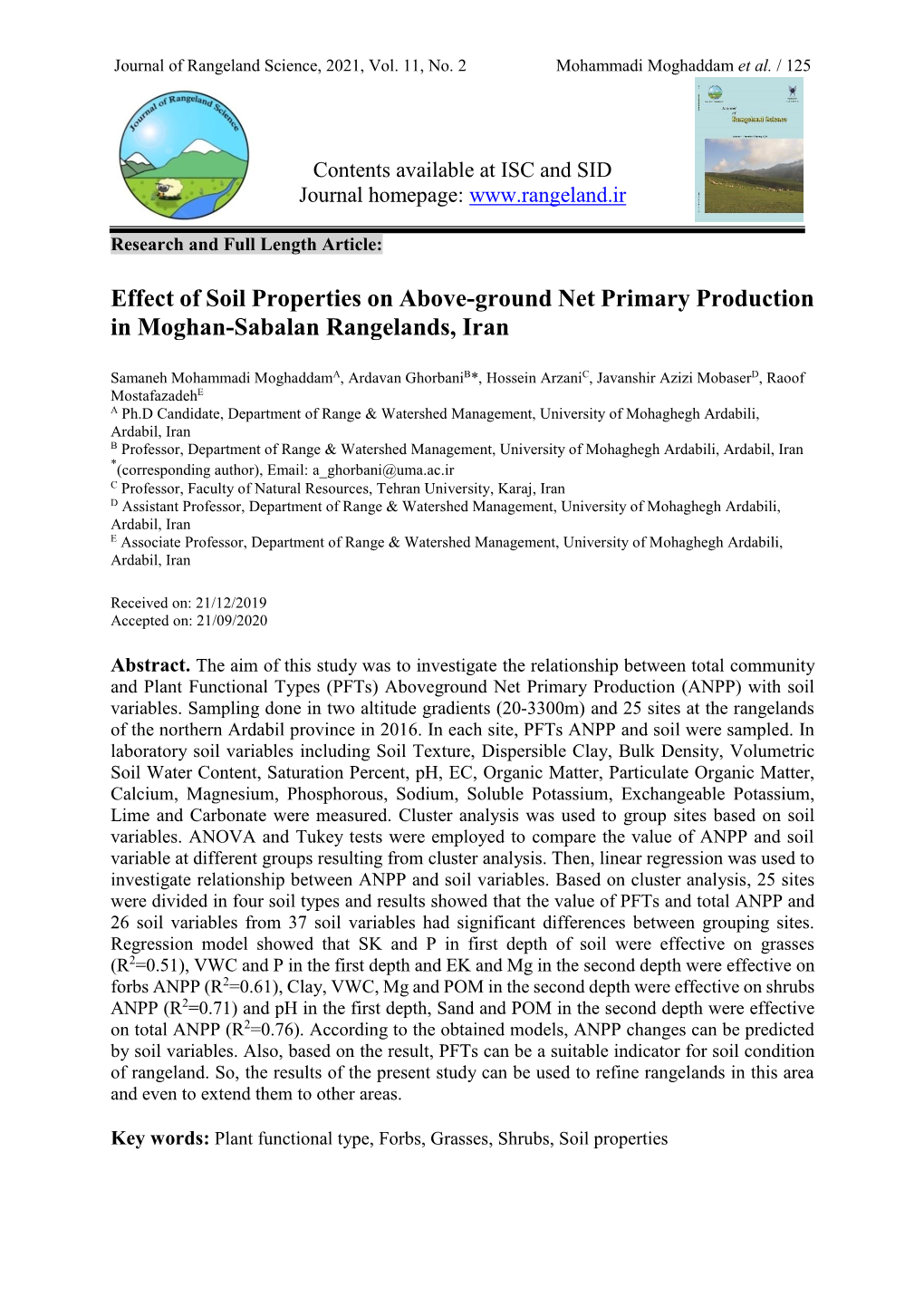 Effect of Soil Properties on Above-Ground Net Primary Production in Moghan-Sabalan Rangelands, Iran