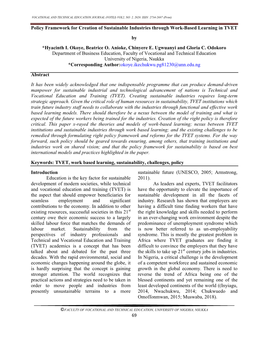 Policy Framework for Creation of Sustainable Industries Through Work-Based Learning in TVET