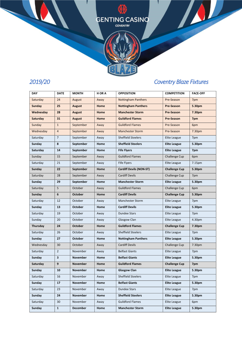 2019/20 Coventry Blaze Fixtures