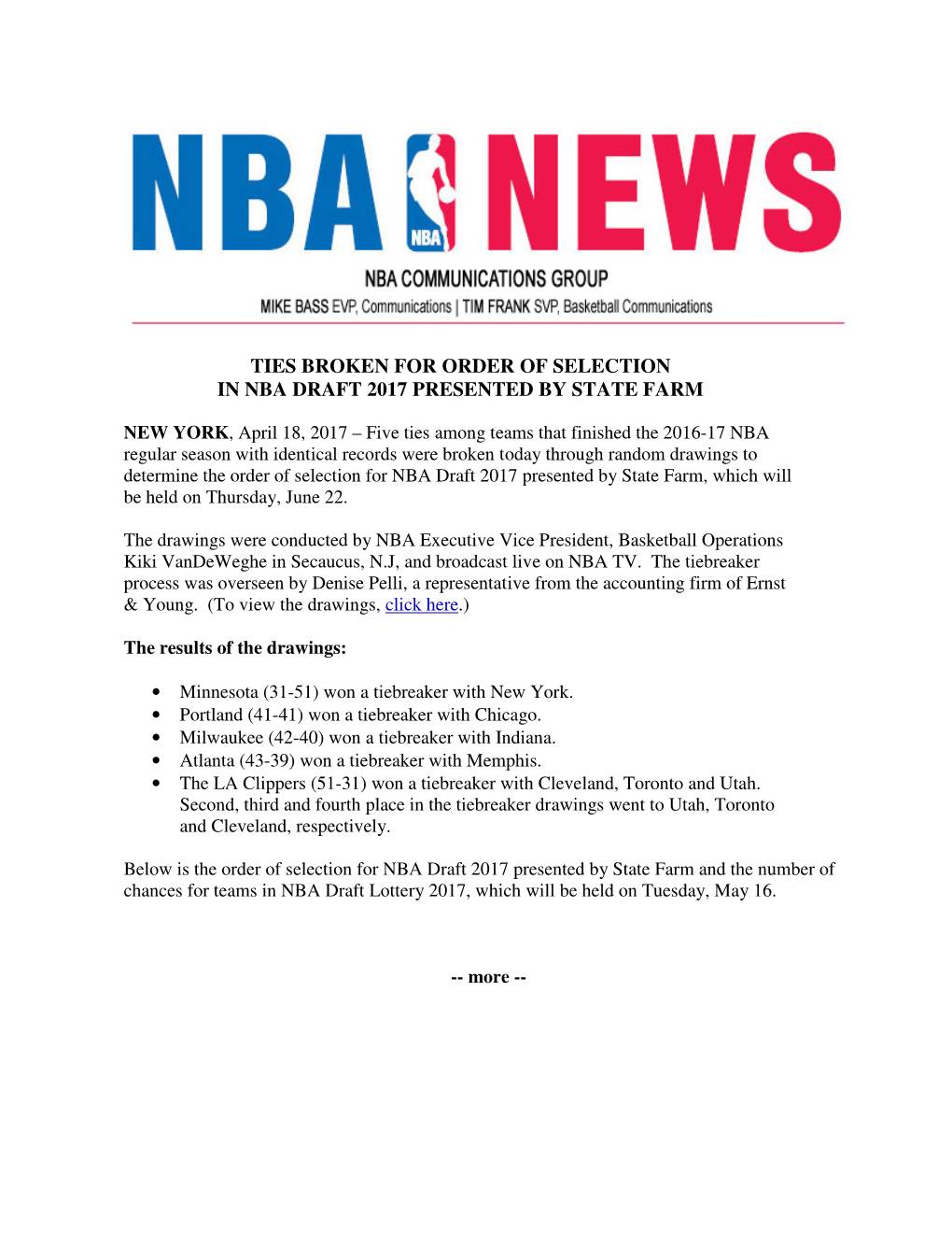 Ties Broken for 2017 NBA Draft