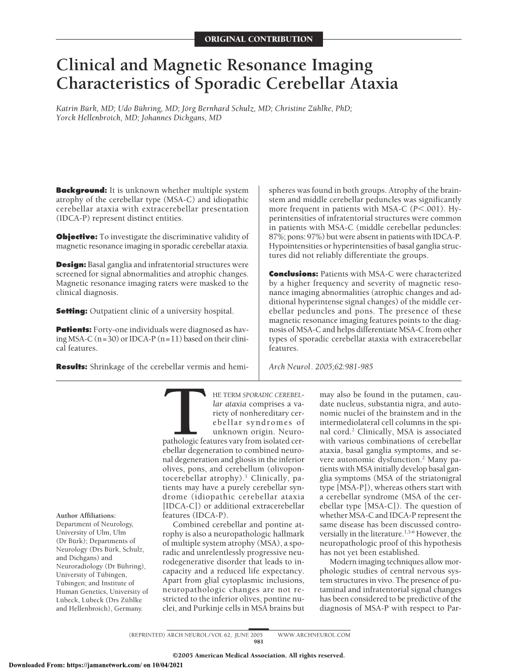 Clinical and Magnetic Resonance Imaging Characteristics of Sporadic Cerebellar Ataxia