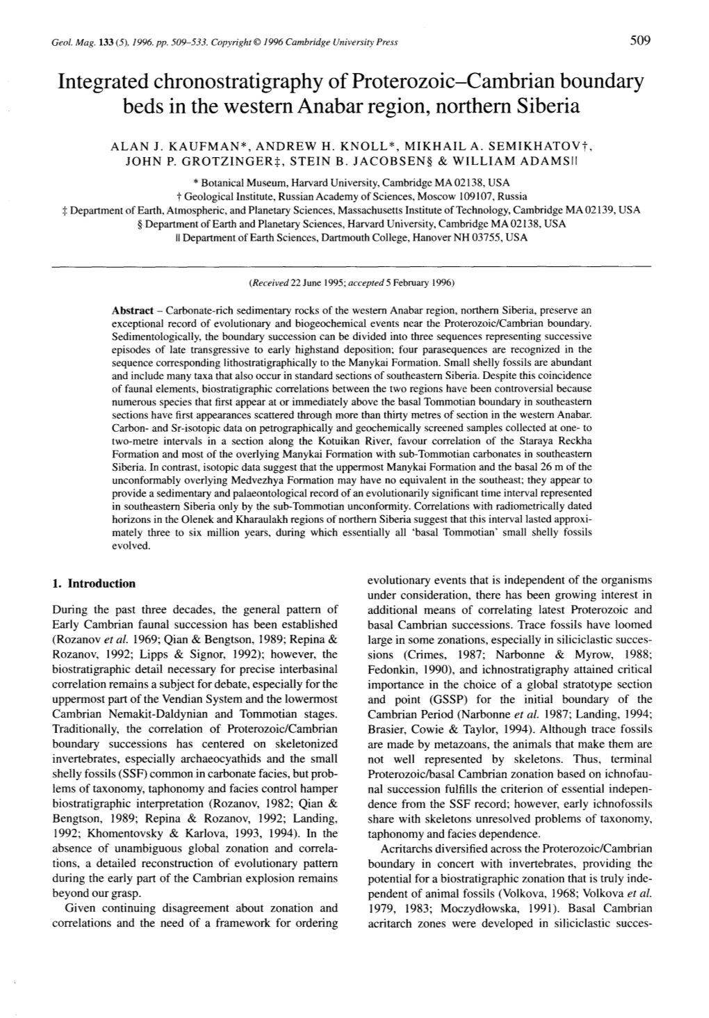 Integrated Chronostratigraphy of Proterozoic-Cambrian Boundary Beds in the Western Anabar Region, Northern Siberia