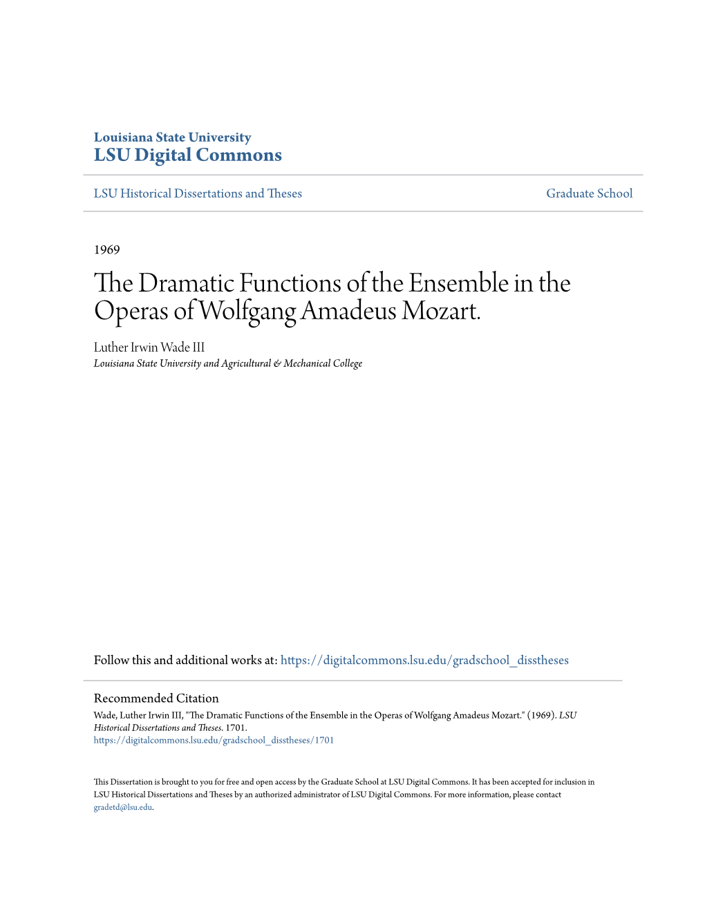 The Dramatic Functions of the Ensemble in the Operas of Wolfgang Amadeus Mozart