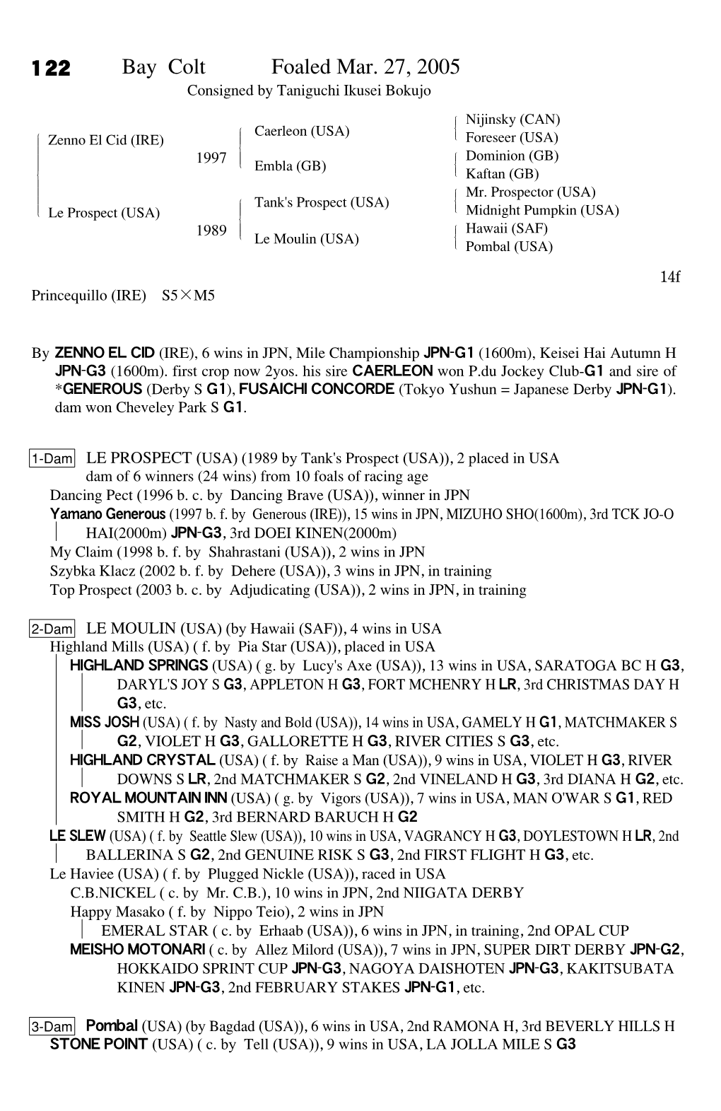 122 Bay Colt Foaled Mar. 27, 2005 Consigned by Taniguchi Ikusei Bokujo Nijinsky (CAN)