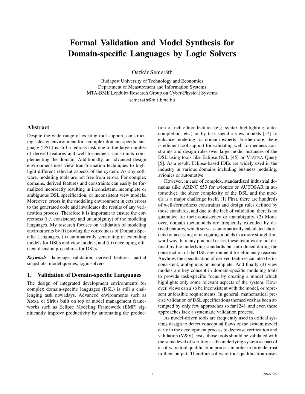 Formal Validation and Model Synthesis for Domain-Specific