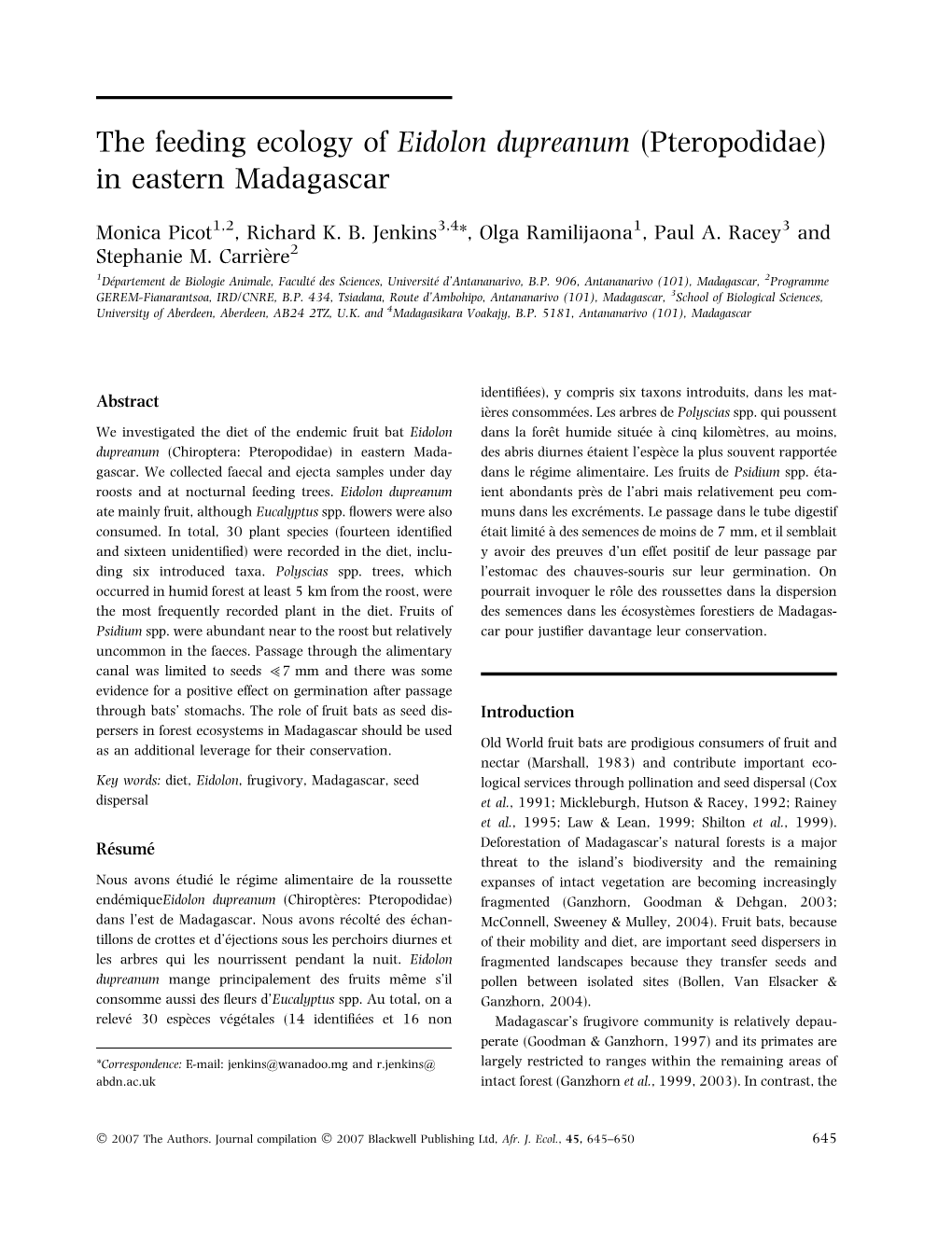 The Feeding Ecology of Eidolon Dupreanum (Pteropodidae) in Eastern Madagascar