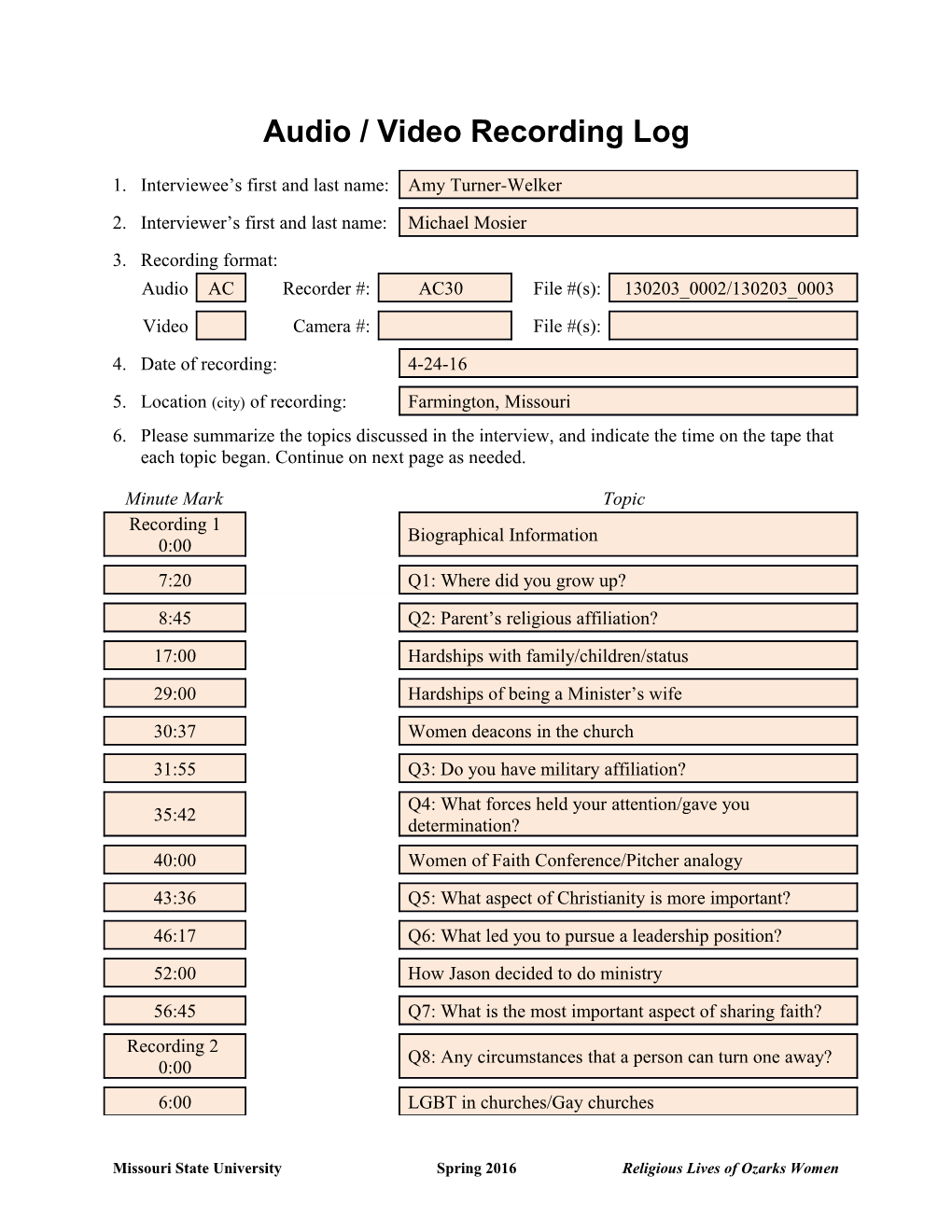 Audio / Video Recording Log s1