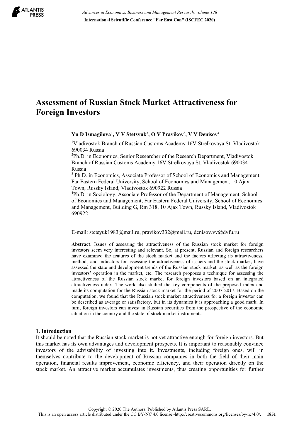 Assessment of Russian Stock Market Attractiveness for Foreign Investors