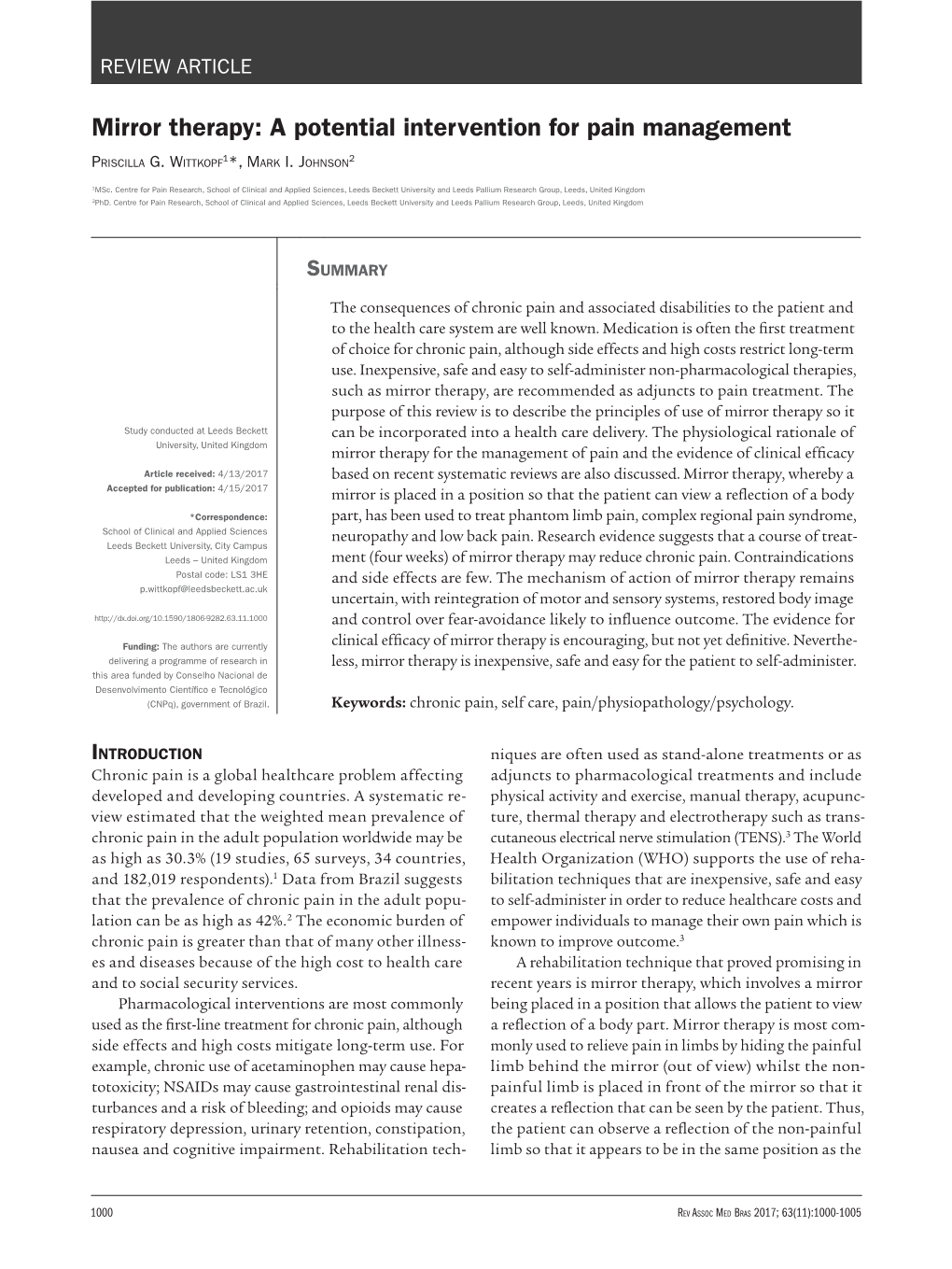 Mirror Therapy: a Potential Intervention for Pain Management