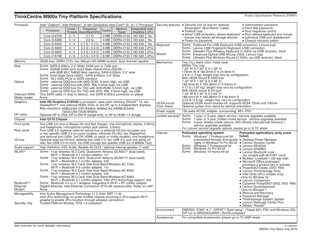 Thinkcentre M900x Tiny Platform Specifications Product Specifications Reference (PSREF)