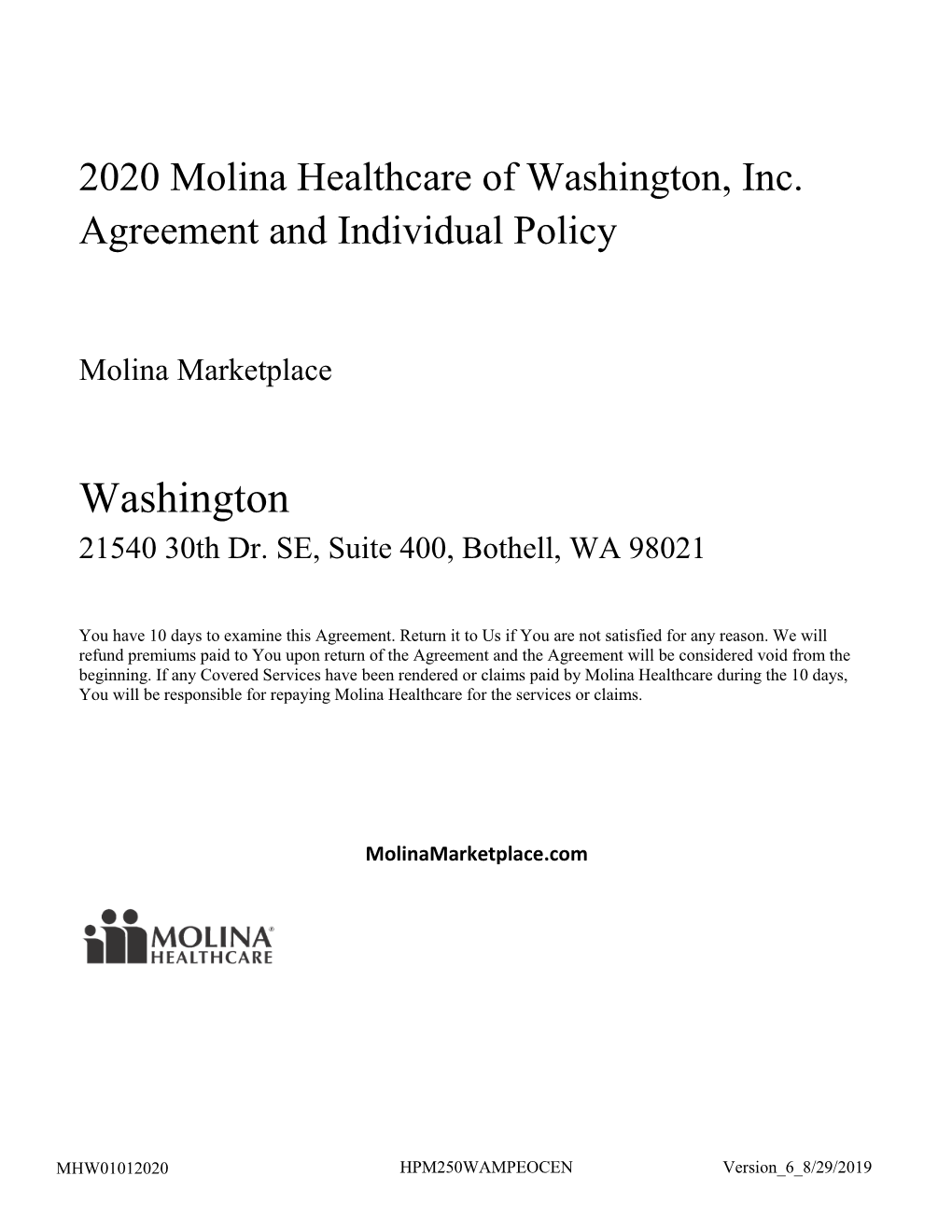 2020 Molina Healthcare of Washington, Inc. Agreement and Individual Policy