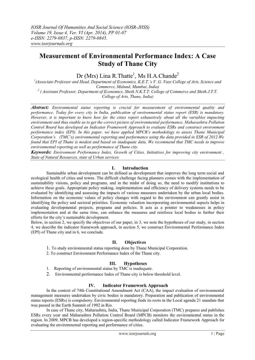 Measurement of Environmental Performance Index: a Case Study of Thane City