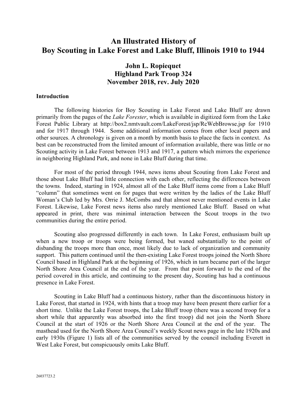 Boy Scouting in Lake Forest and Lake Bluff, Illinois 1910 to 1944