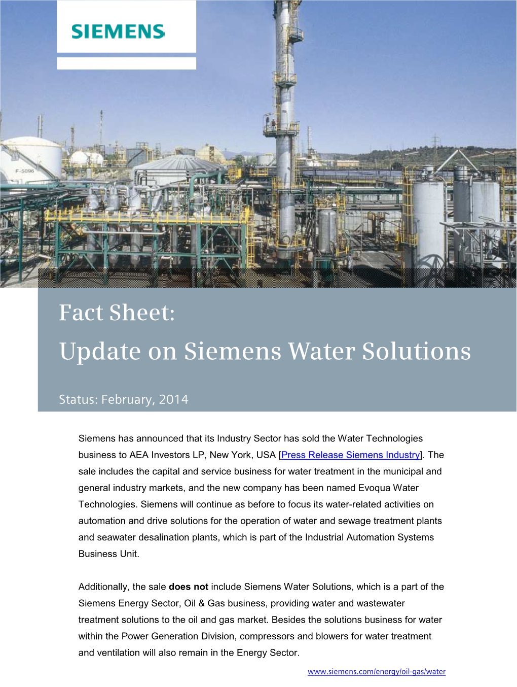Update on Siemens Water Solutions