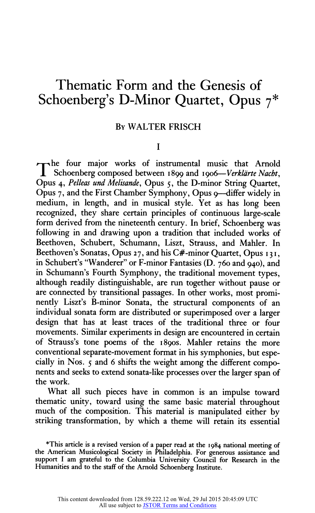 Schoenberg's D-Minor Quartet, Opus 7*
