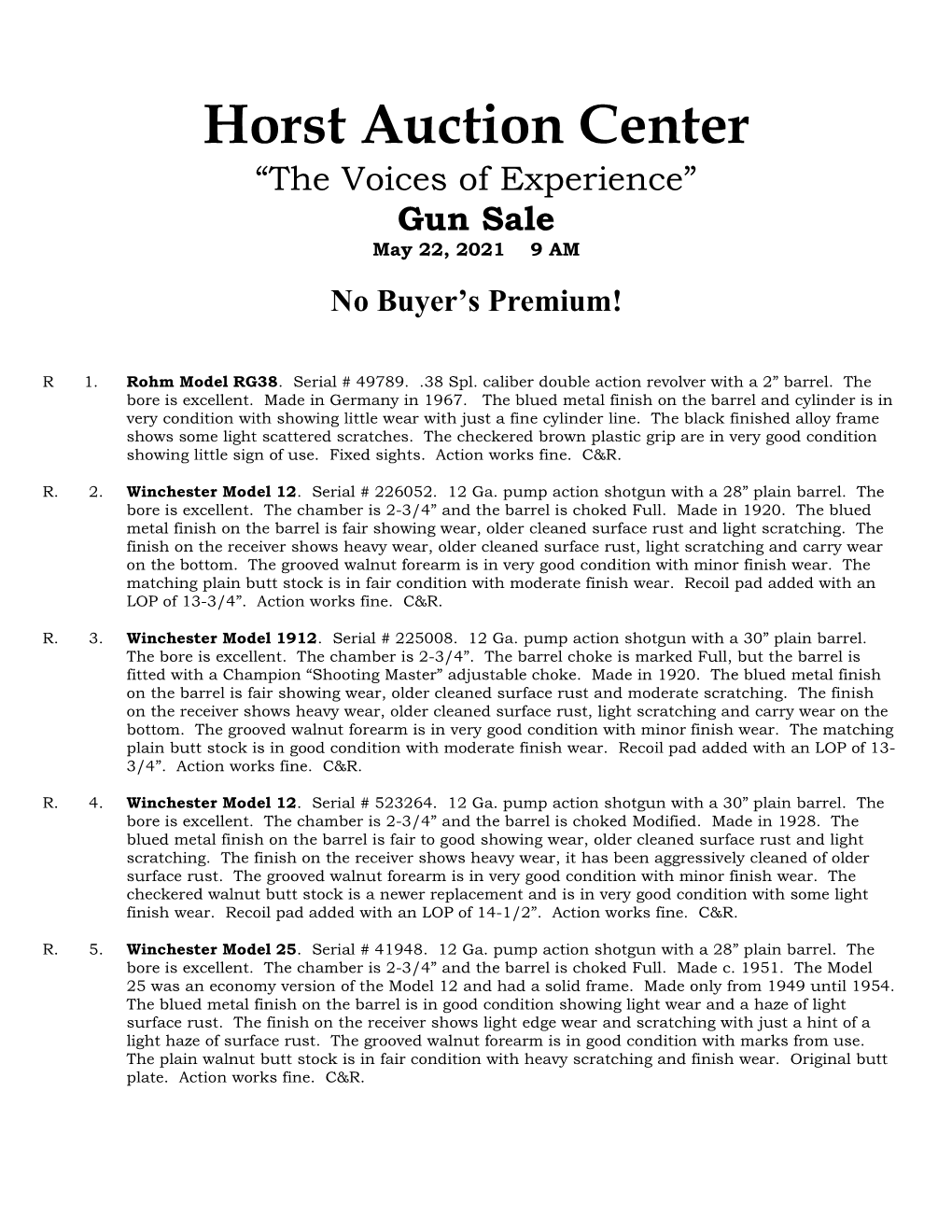 Horst Auction Center “The Voices of Experience” Gun Sale May 22, 2021 9 AM