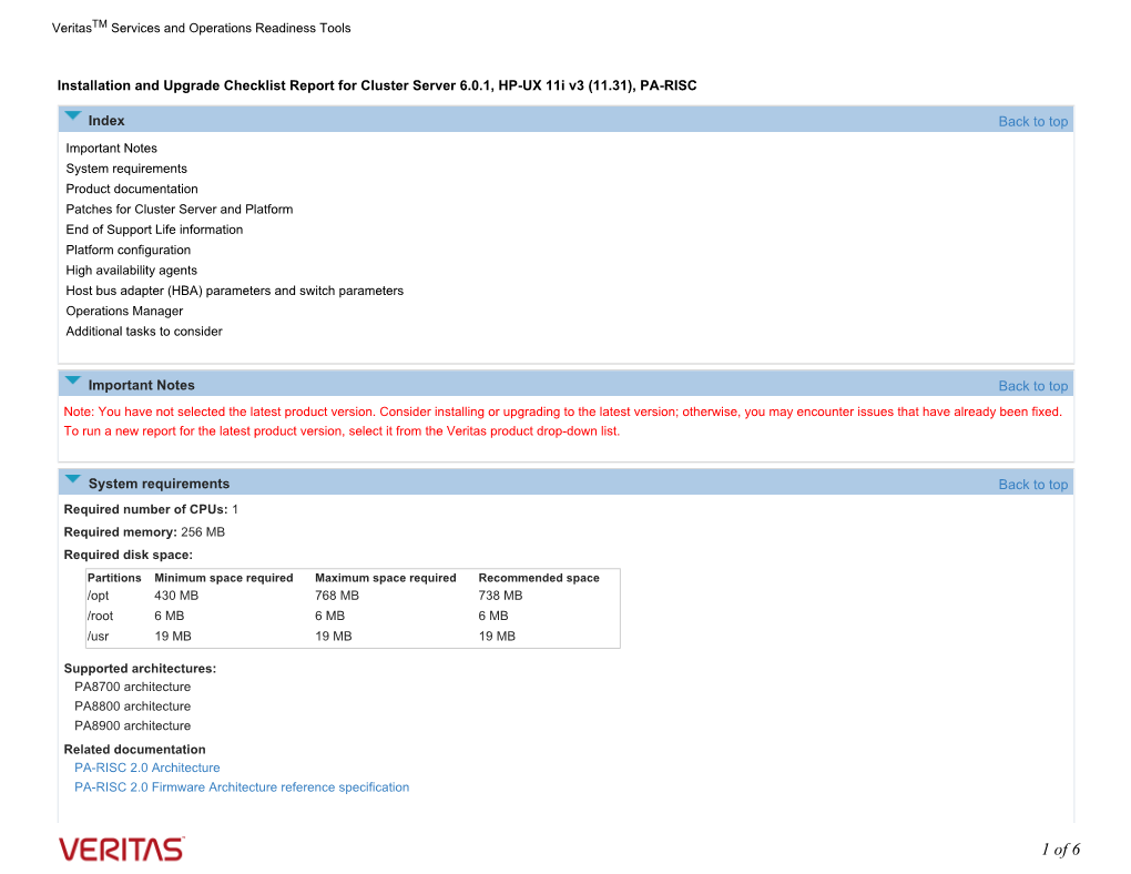 Installation and Upgrade General Checklist Report