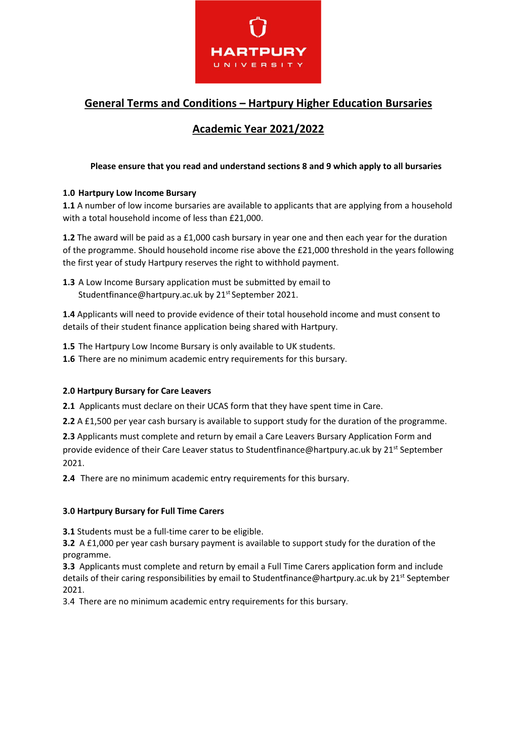 General Terms and Conditions – Hartpury Higher Education Bursaries Academic Year 2021/2022