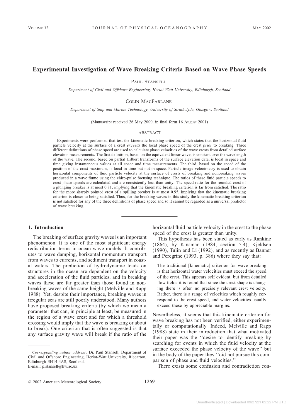 Experimental Investigation of Wave Breaking Criteria Based on Wave Phase Speeds