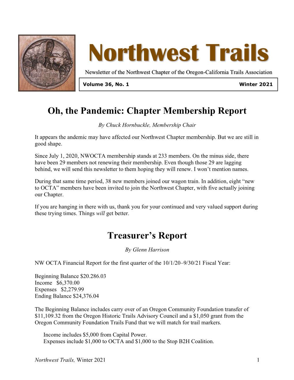 Northwest Trails Newsletter of the Northwest Chapter of the Oregon-California Trails Association