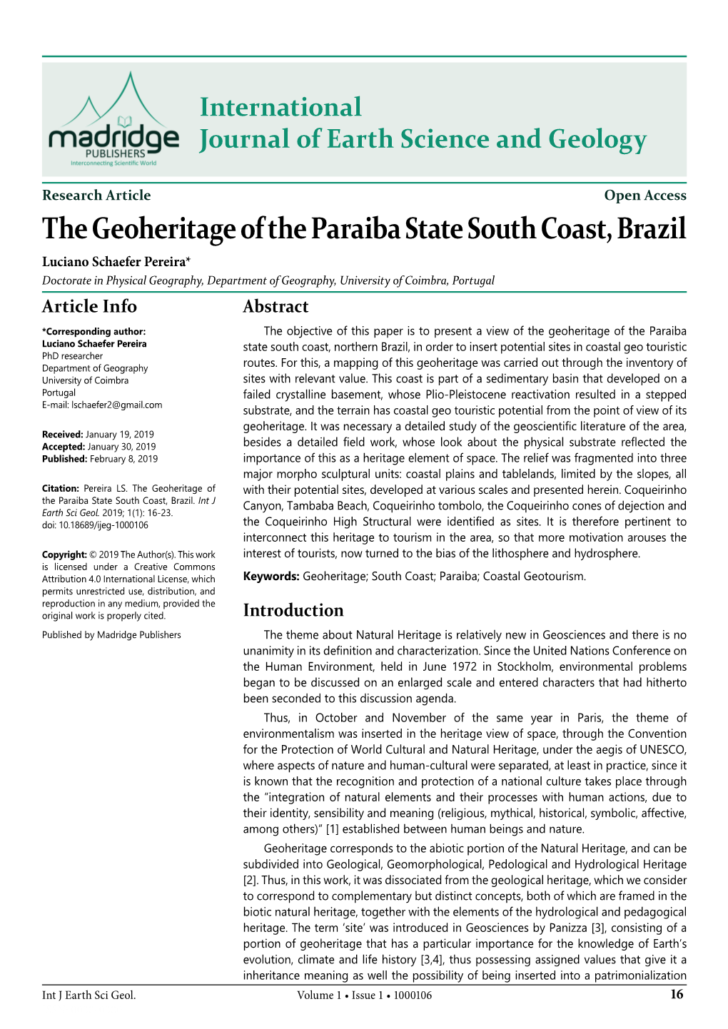 The Geoheritage of the Paraiba State South Coast, Brazil