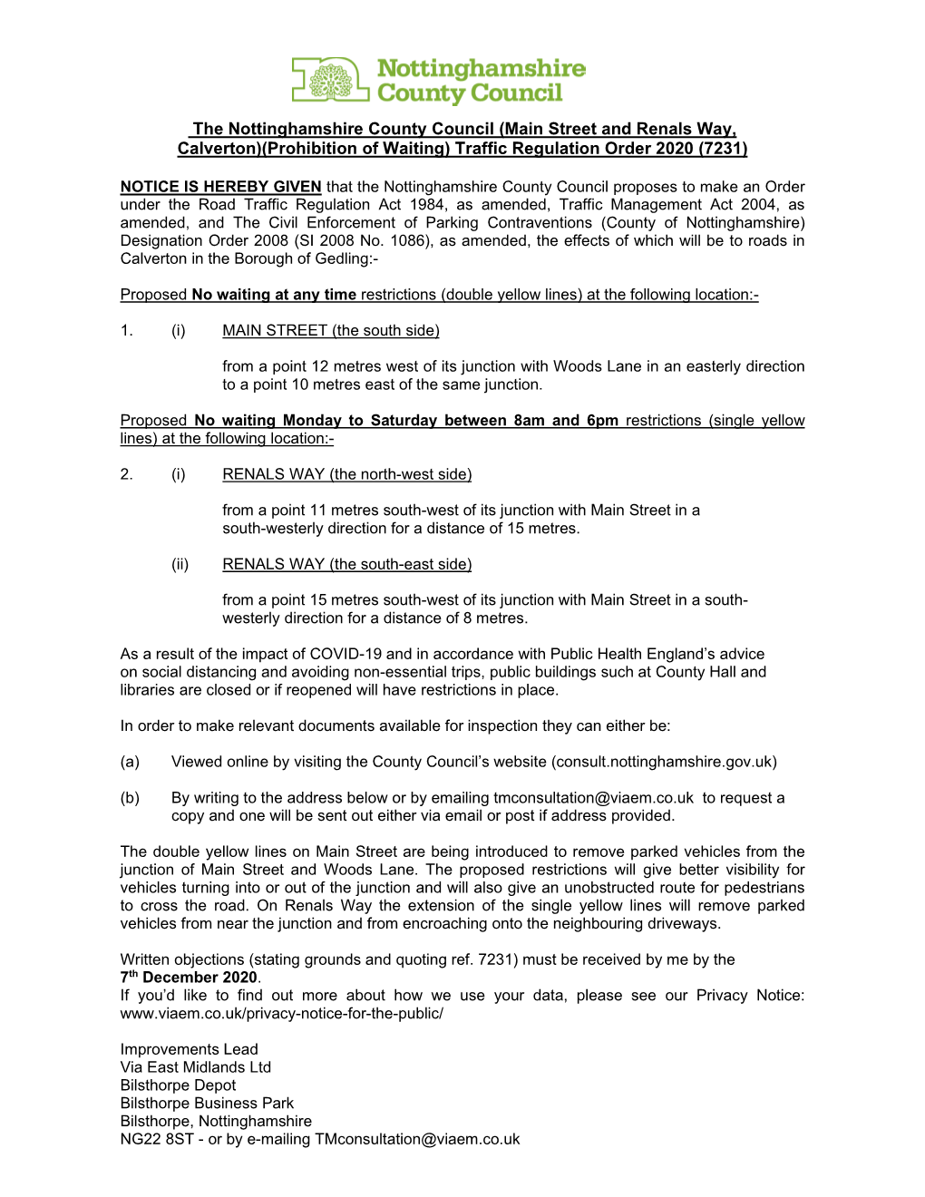 Street and Renals Way, Calverton)(Prohibition of Waiting) Traffic Regulation Order 2020 (7231)