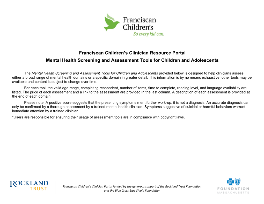 Franciscan Children's Clinician Resource Portal Mental Health