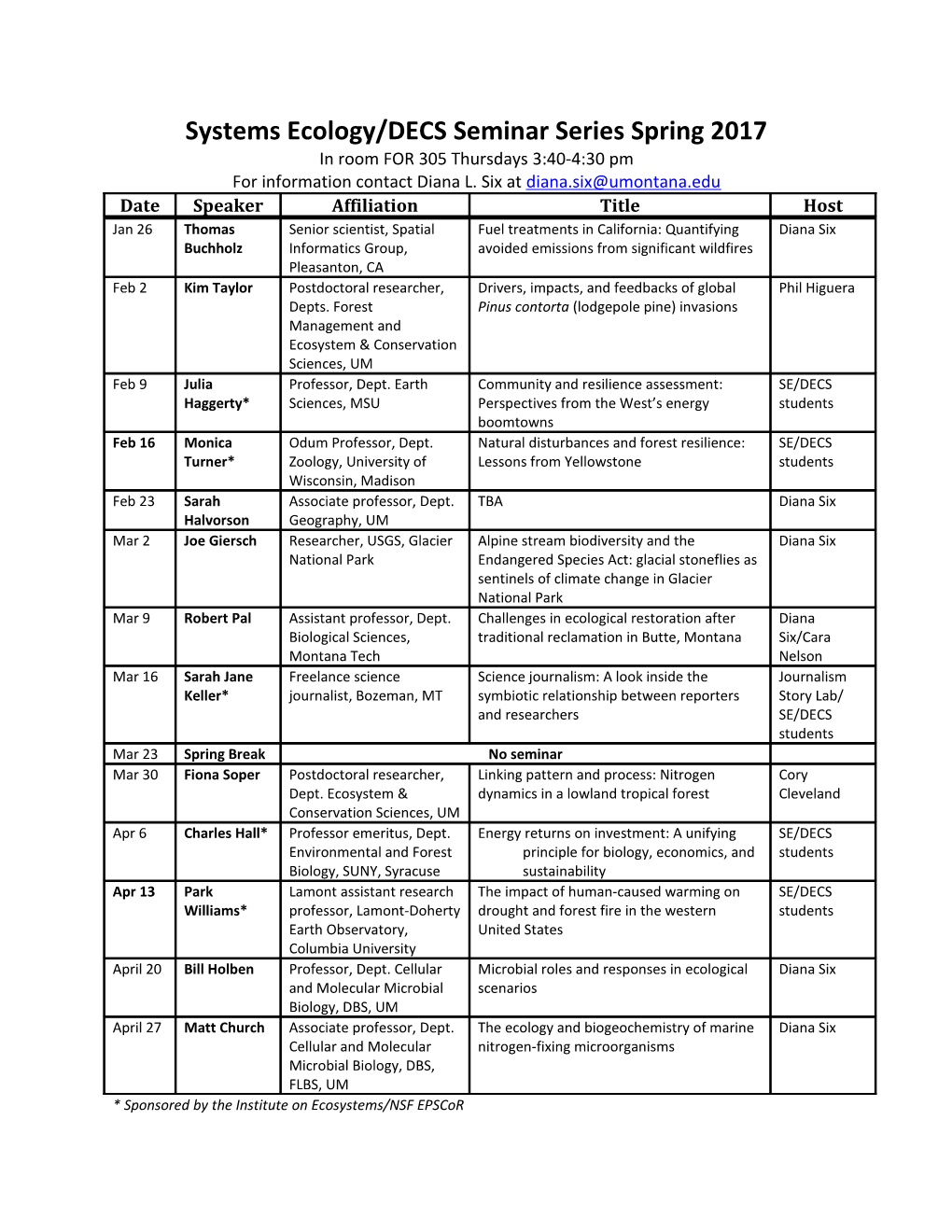 Systems Ecology/DECS Seminar Series Spring 2017