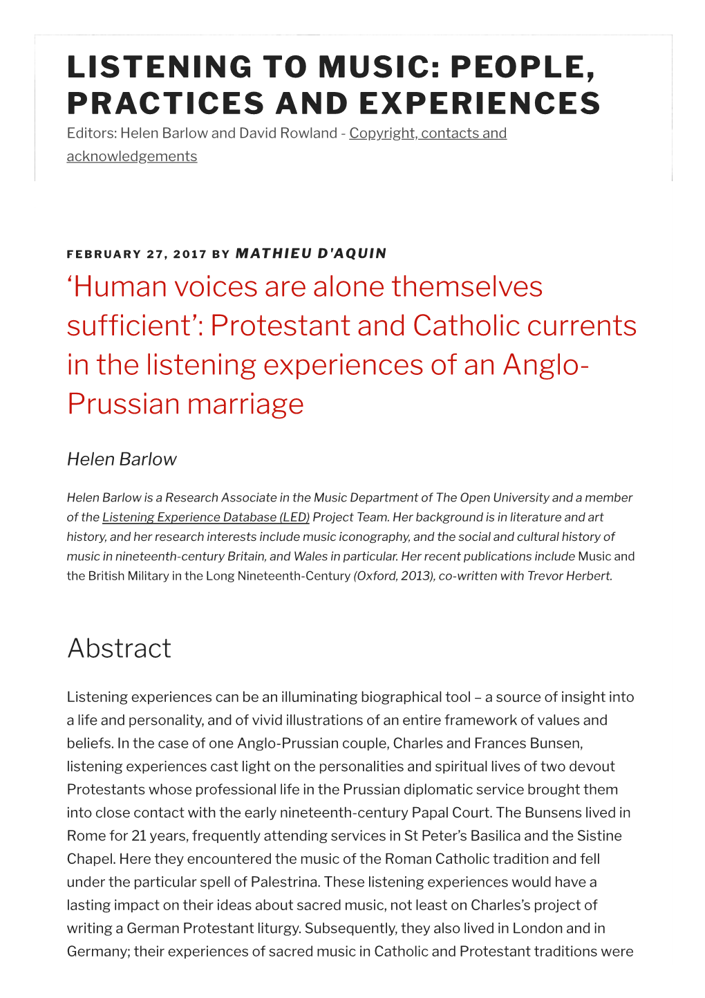 LISTENING to MUSIC: PEOPLE, PRACTICES and EXPERIENCES Editors: Helen Barlow and David Rowland - Copyright, Contacts and Acknowledgements