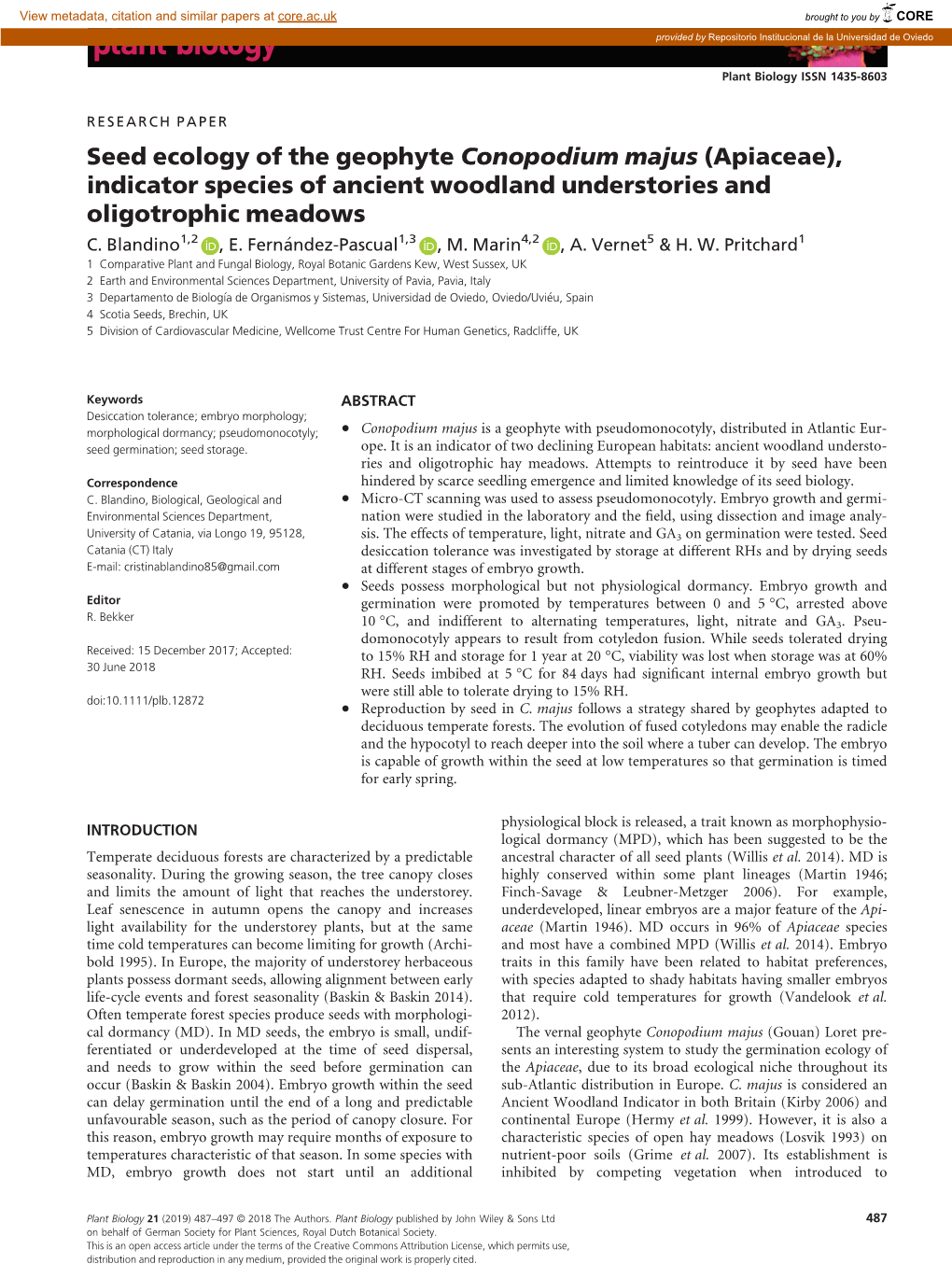 Seed Ecology of the Geophyte Conopodium Majus (Apiaceae), Indicator Species of Ancient Woodland Understories and Oligotrophic Meadows C