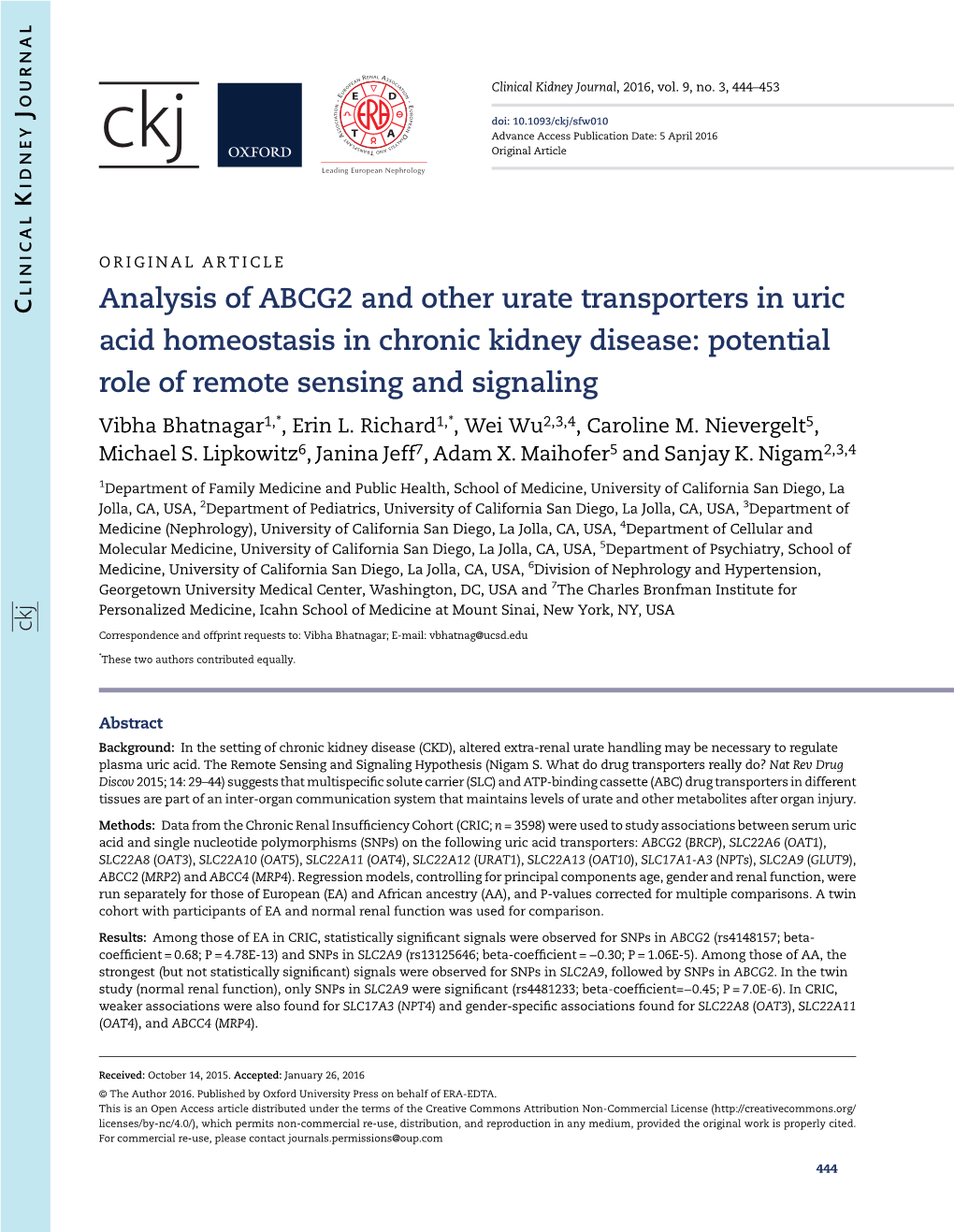 Analysis of ABCG2 and Other Urate Transporters in Uric Acid