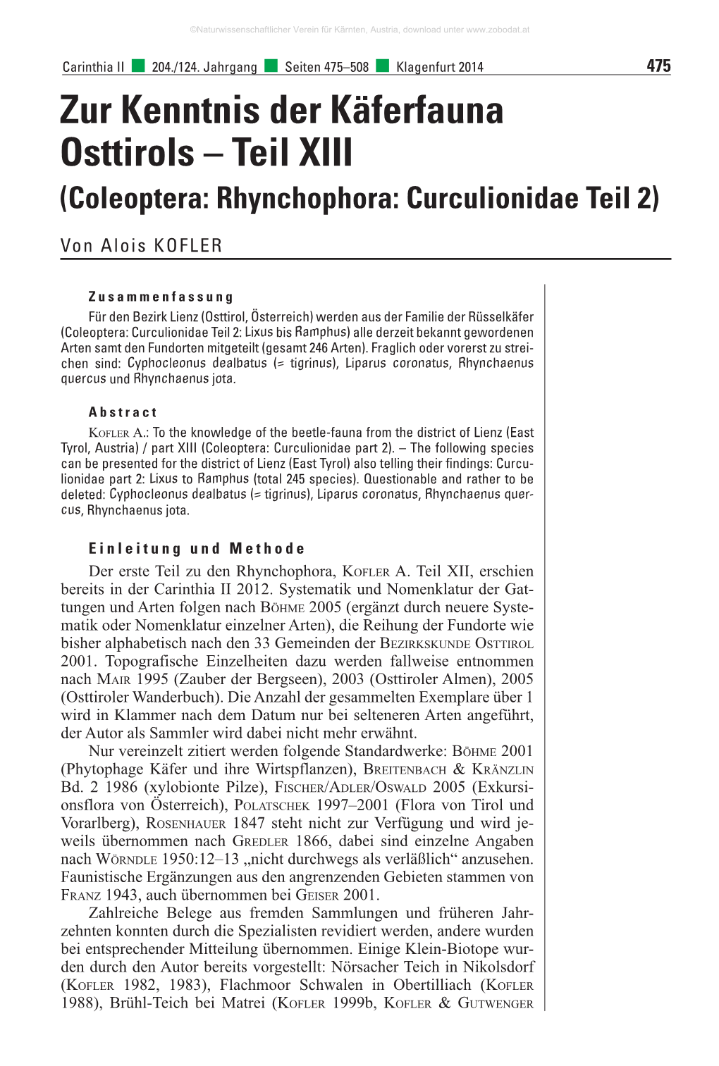 Zur Kenntnis Der Käferfauna Osttirols – Teil XIII (Coleoptera: Rhynchophora: Curculionidae Teil 2)