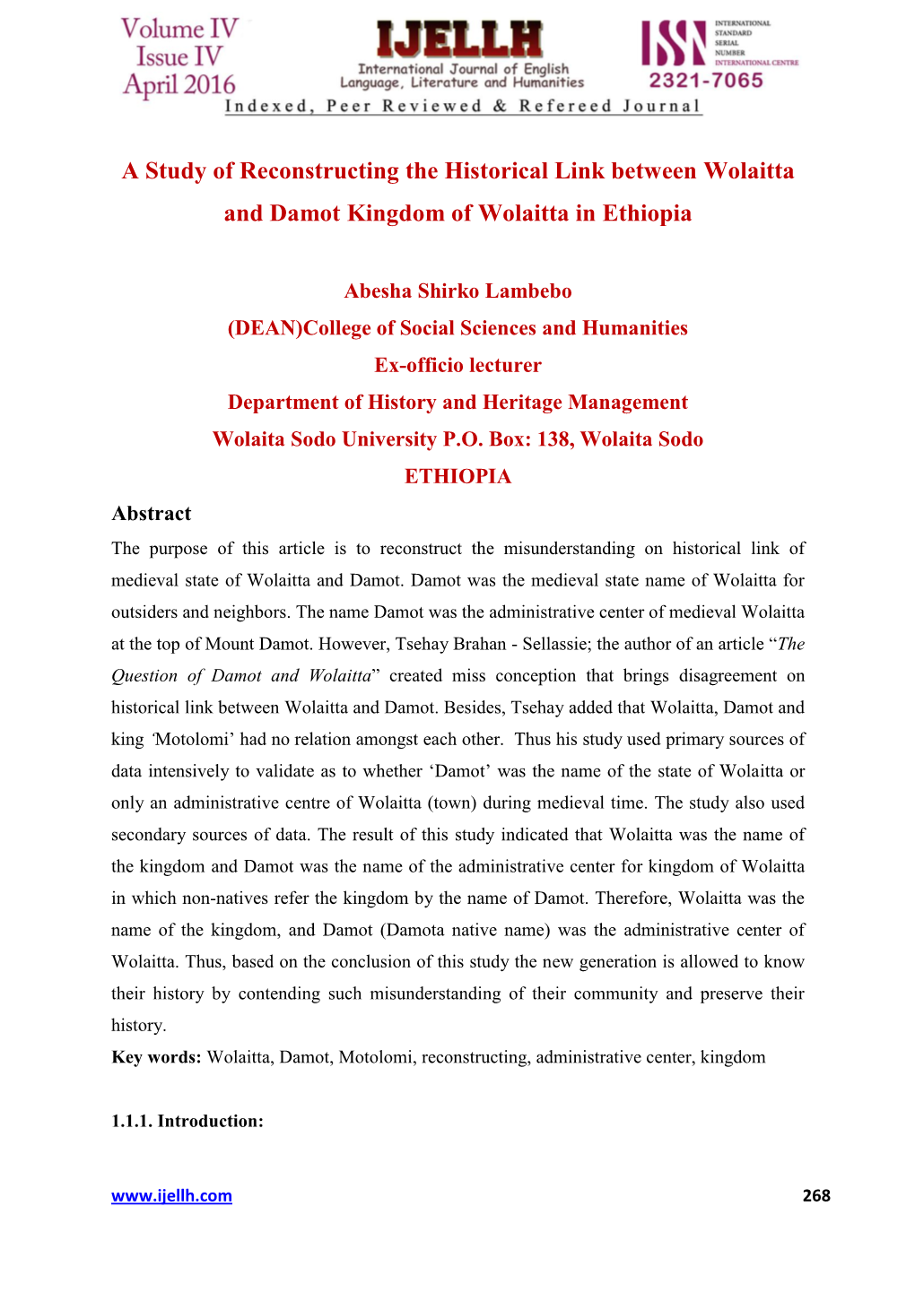 A Study of Reconstructing the Historical Link Between Wolaitta and Damot Kingdom of Wolaitta in Ethiopia