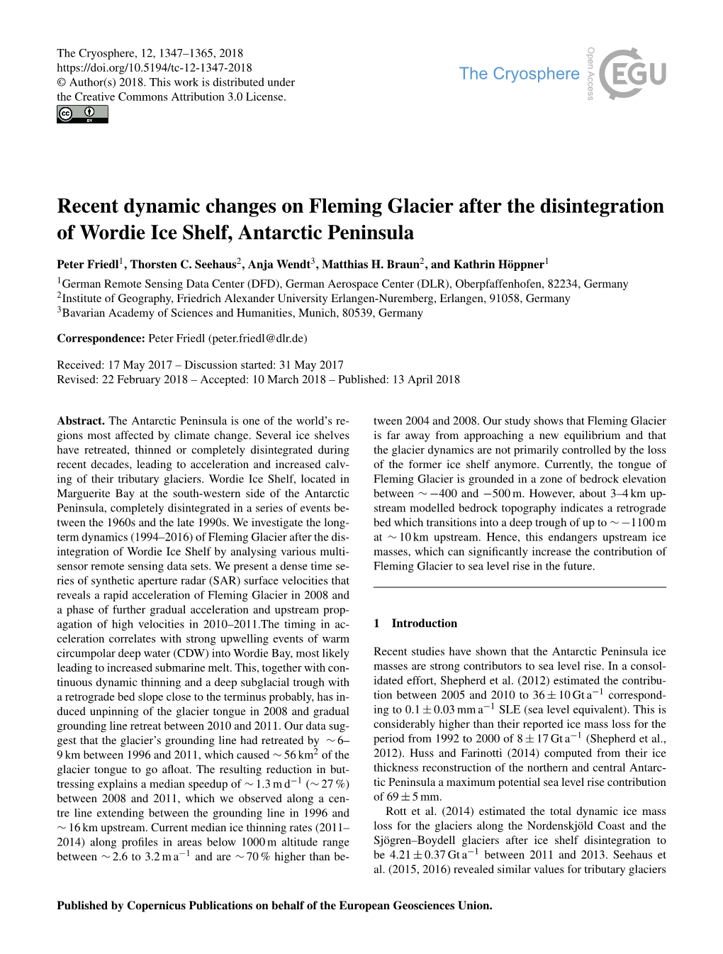 Recent Dynamic Changes on Fleming Glacier After the Disintegration of Wordie Ice Shelf, Antarctic Peninsula