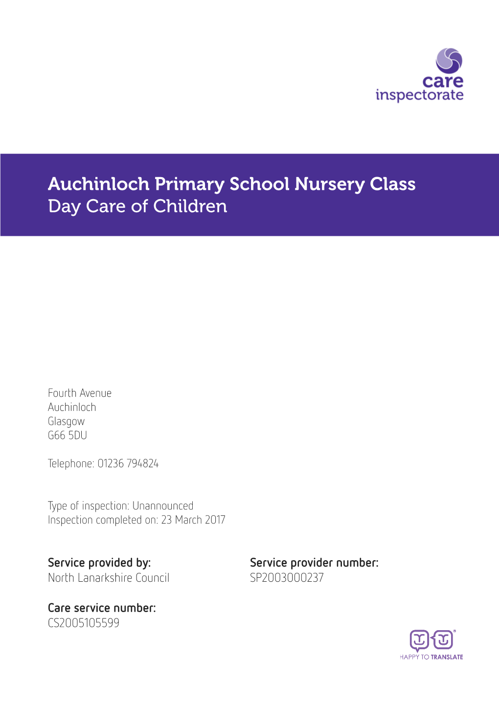 Auchinloch Primary School Nursery Class Day Care of Children