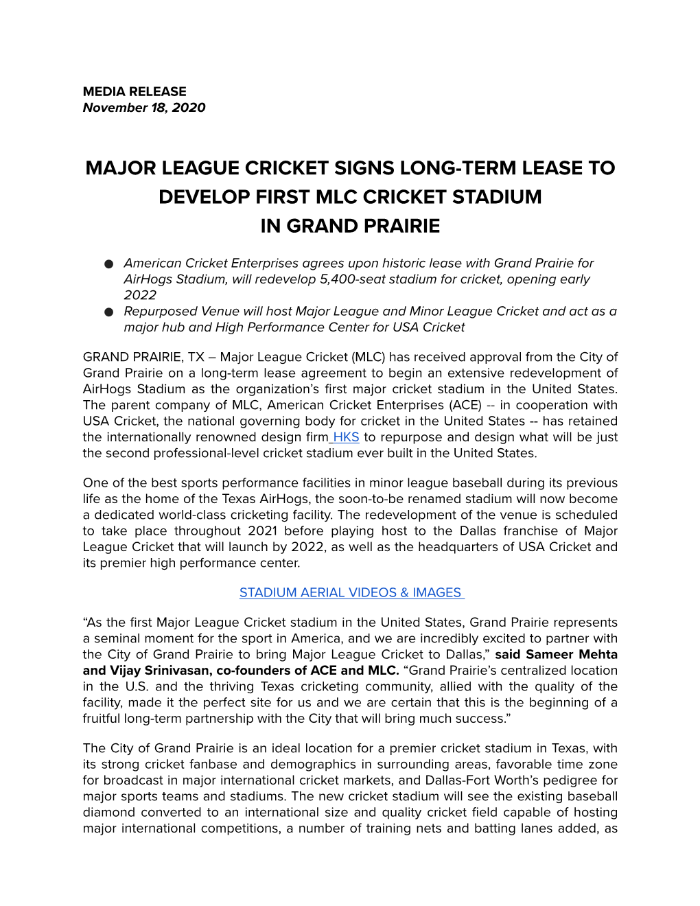 161120 Major League Cricket Signs Long-Term Lease to Develop Its First