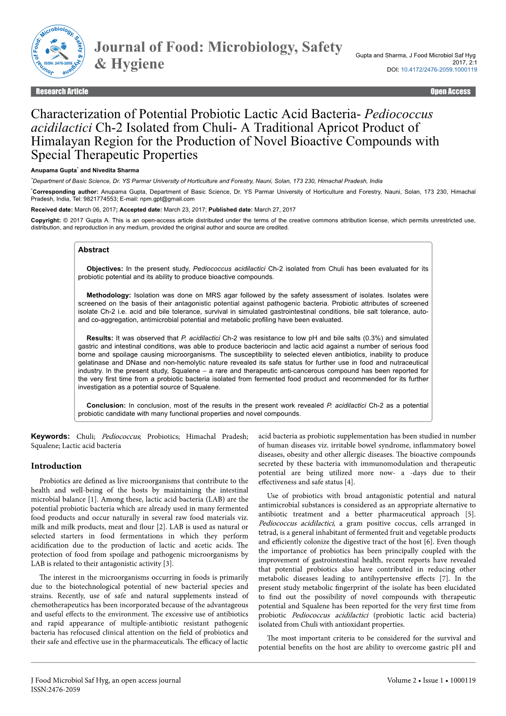 Characterization of Potential Probiotic Lactic Acid Bacteria- Pediococcus
