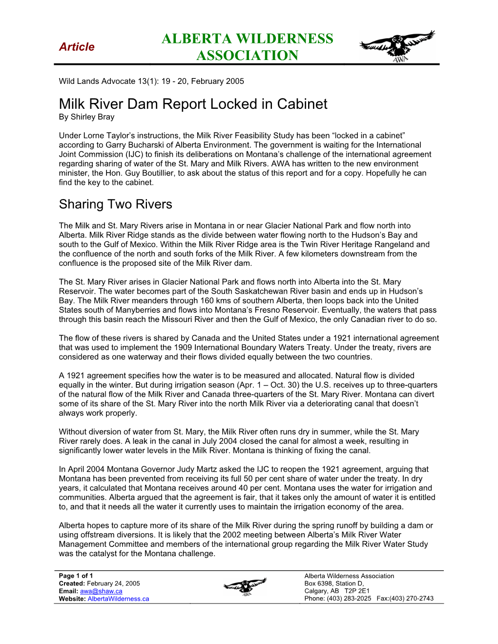 Milk River Dam Report Locked in Cabinet by Shirley Bray