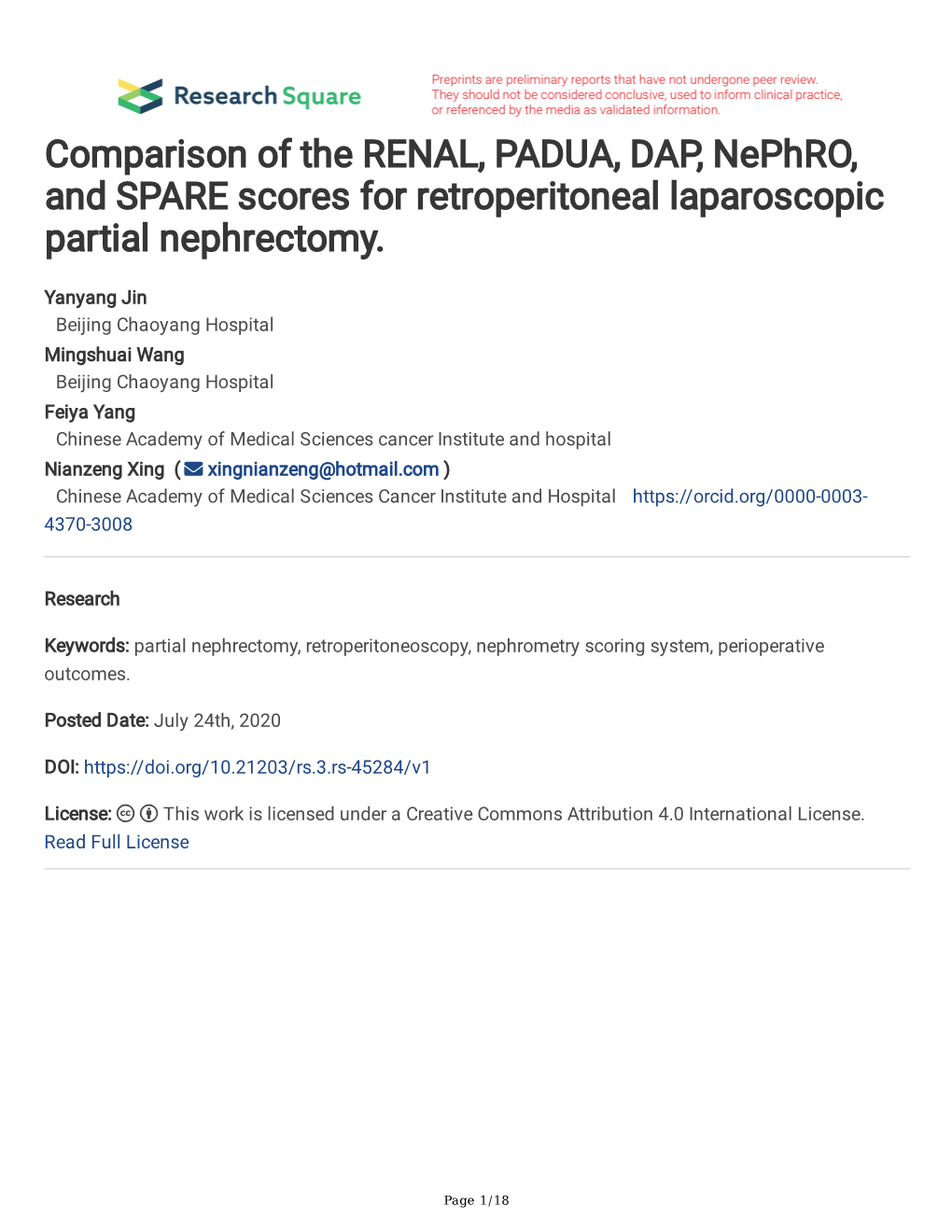 Comparison of the RENAL, PADUA, DAP, Nephro, and SPARE Scores for Retroperitoneal Laparoscopic Partial Nephrectomy