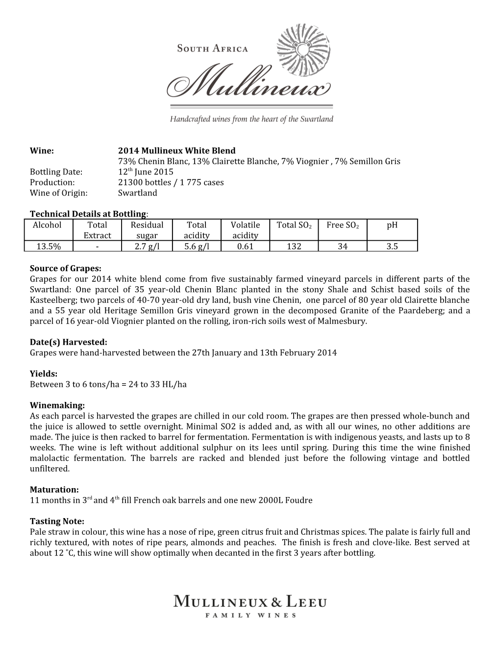 Wine: 2014 Mullineux White Blend 73% Chenin Blanc, 13% Clairette