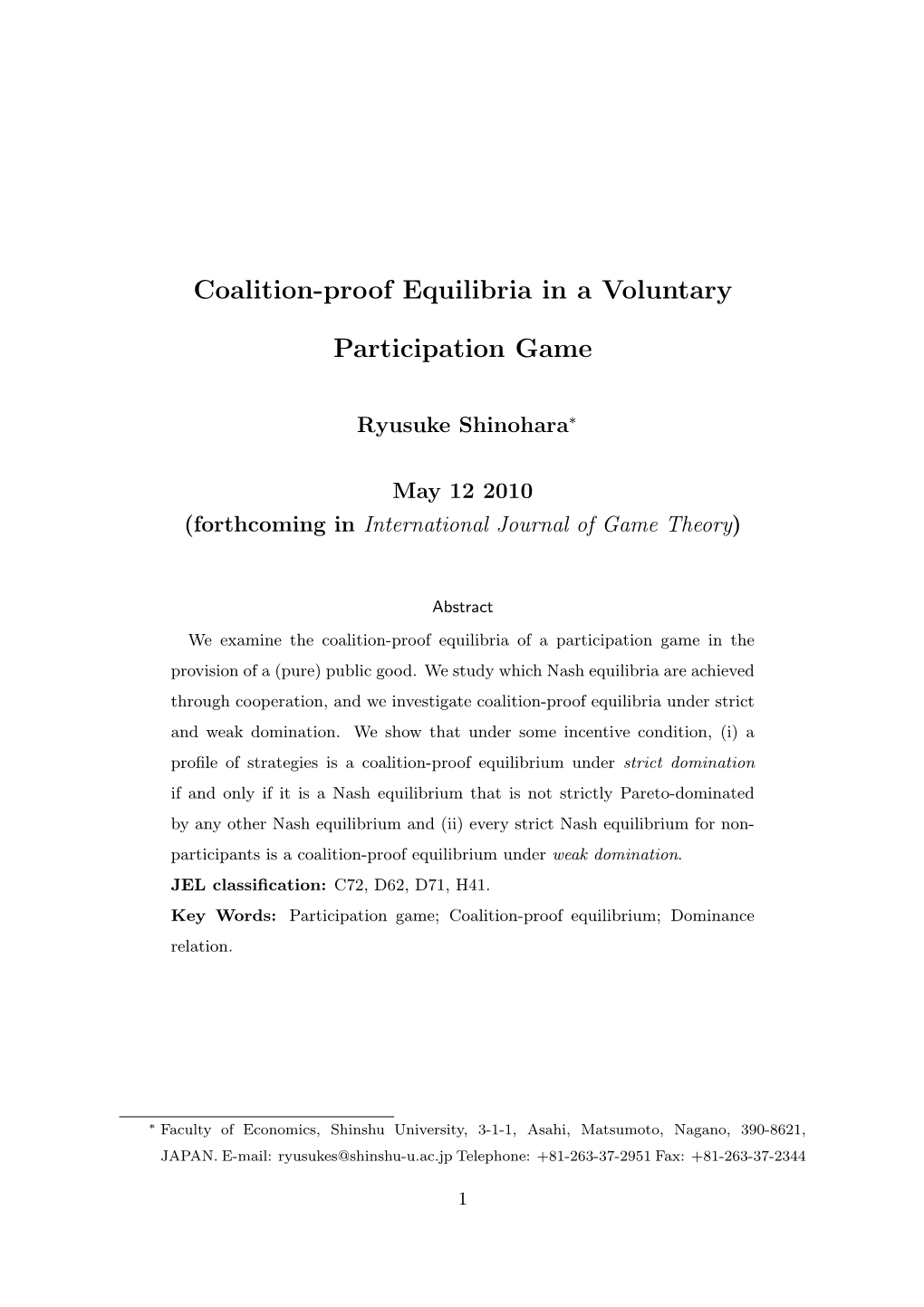Coalition-Proof Equilibria in a Voluntary